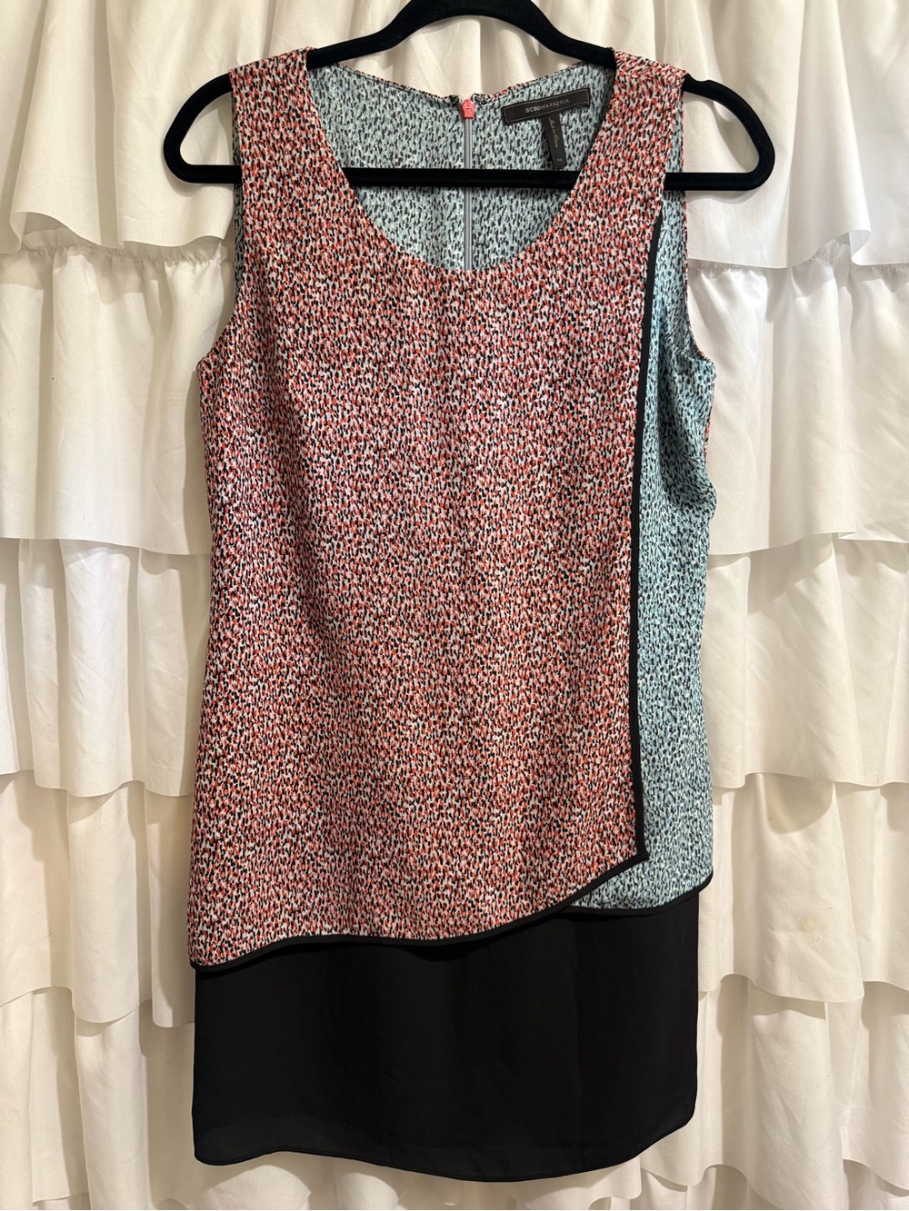 BCBGMaxAzria Pink and Light Blue Layered Sleeveless Printed dress